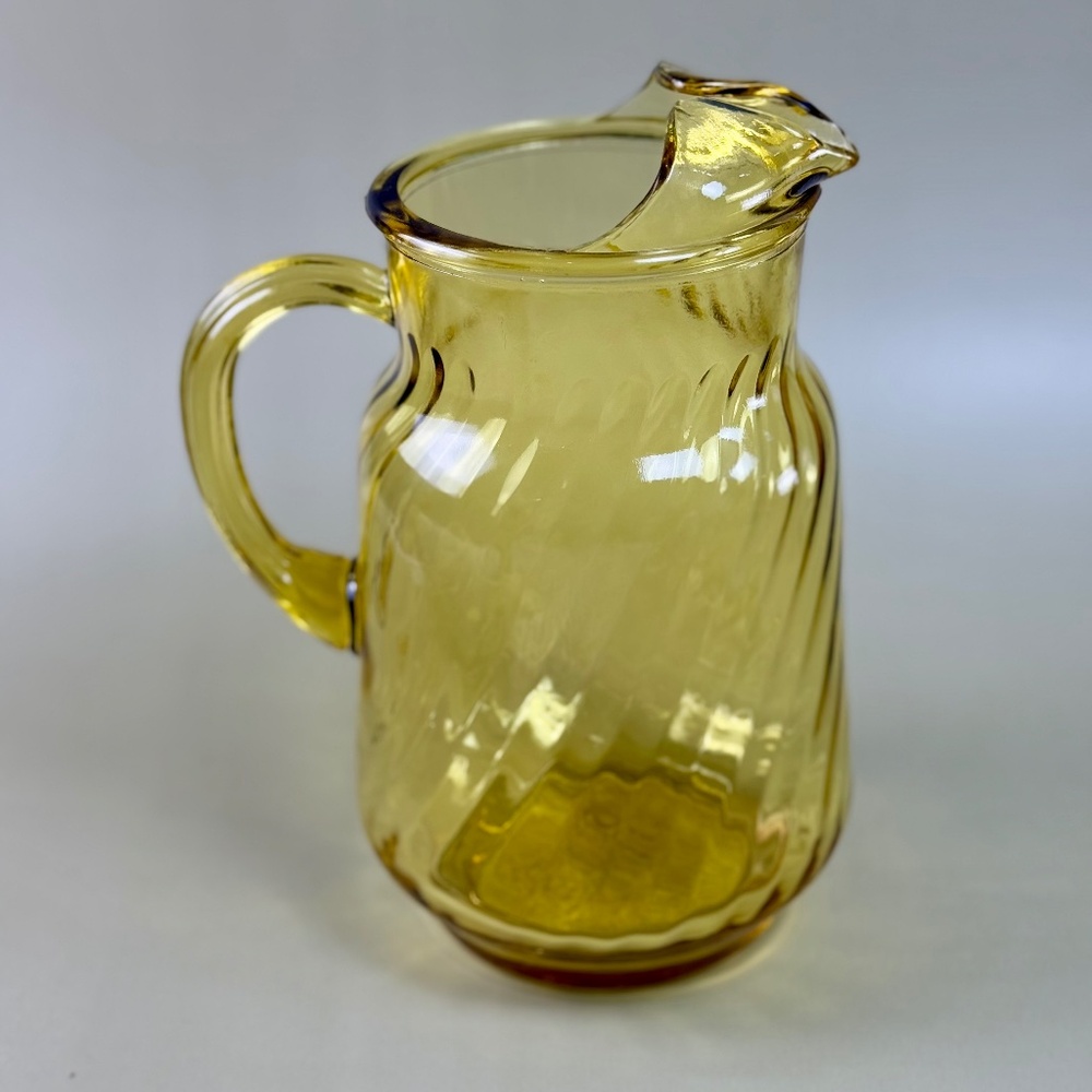 Vintage Amber Swirl Pressed Glass Pitcher | Ribbed Pattern | Mid-Century
